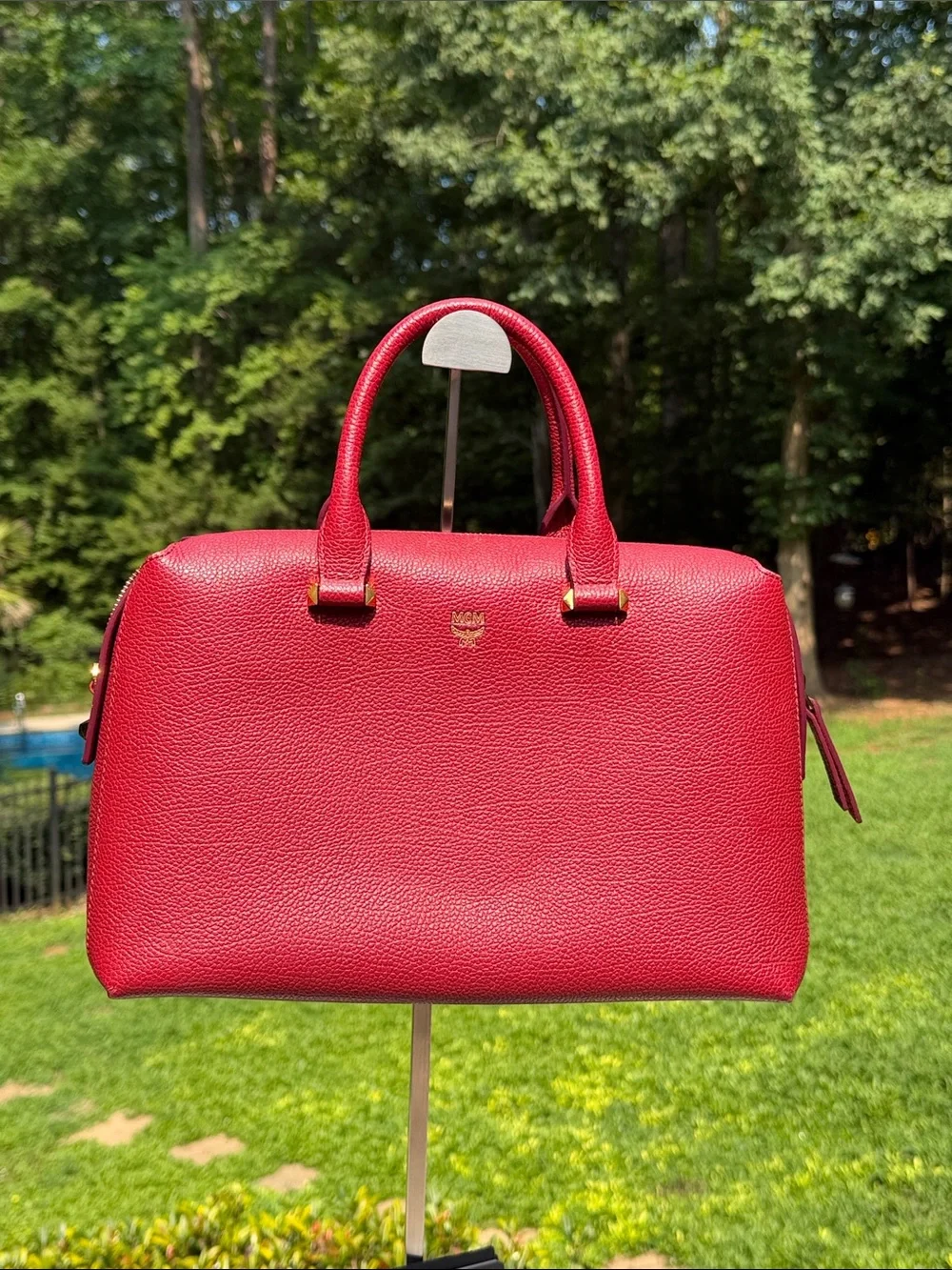 MCM Red Leather Satchel Bag